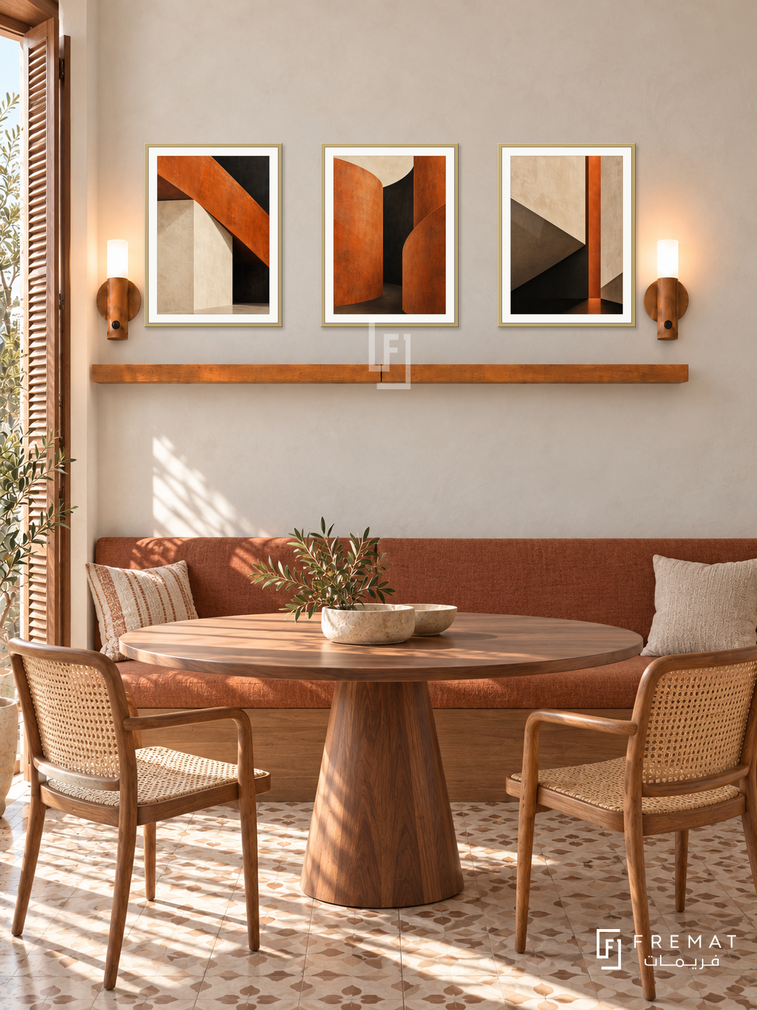 Burnt Orange Architecture shelf set in gold frames, three 30 x 40 cm artworks with 2 cm borders, honey wood shelf and two sensor lamps. Morning Mediterranean dining room.
