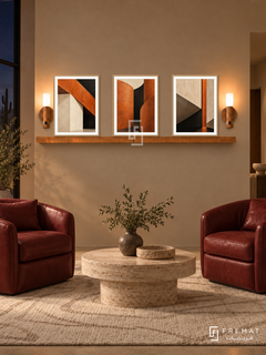 Burnt Orange Architecture shelf set in wooden texture frames, three 30 x 40 cm artworks with 2 cm borders, honey wood shelf and two sensor lamps. Night desert contemporary sitting room.