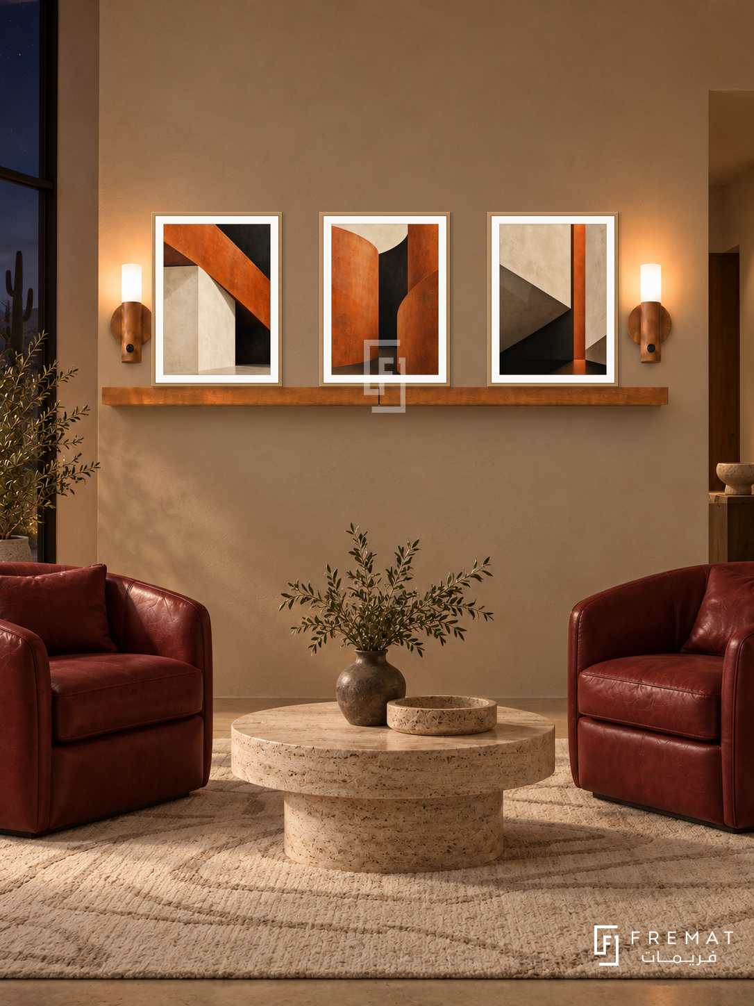 Burnt Orange Architecture shelf set in wooden texture frames, three 30 x 40 cm artworks with 2 cm borders, honey wood shelf and two sensor lamps. Night desert contemporary sitting room.