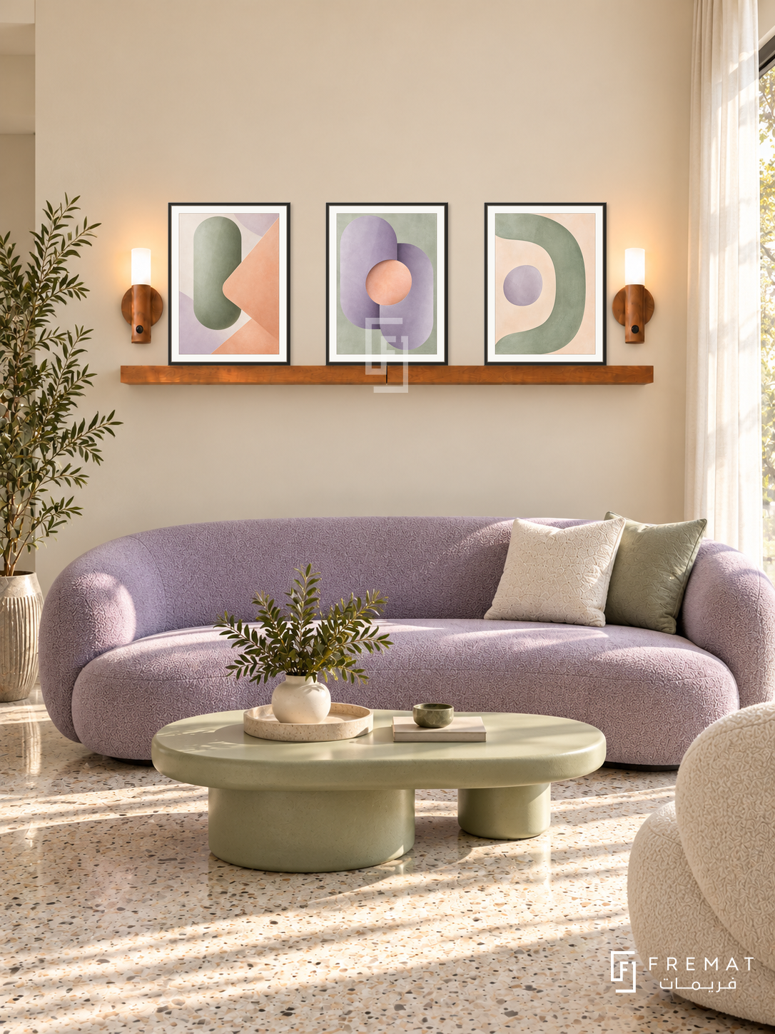 Soft Machines shelf set in black frames, three 30 x 40 cm artworks with 2 cm borders, honey wood shelf and two sensor lamps. Morning playful contemporary living room.