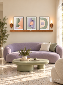 Soft Machines shelf set in black frames, three 30 x 40 cm artworks with 2 cm borders, honey wood shelf and two sensor lamps. Morning playful contemporary living room.