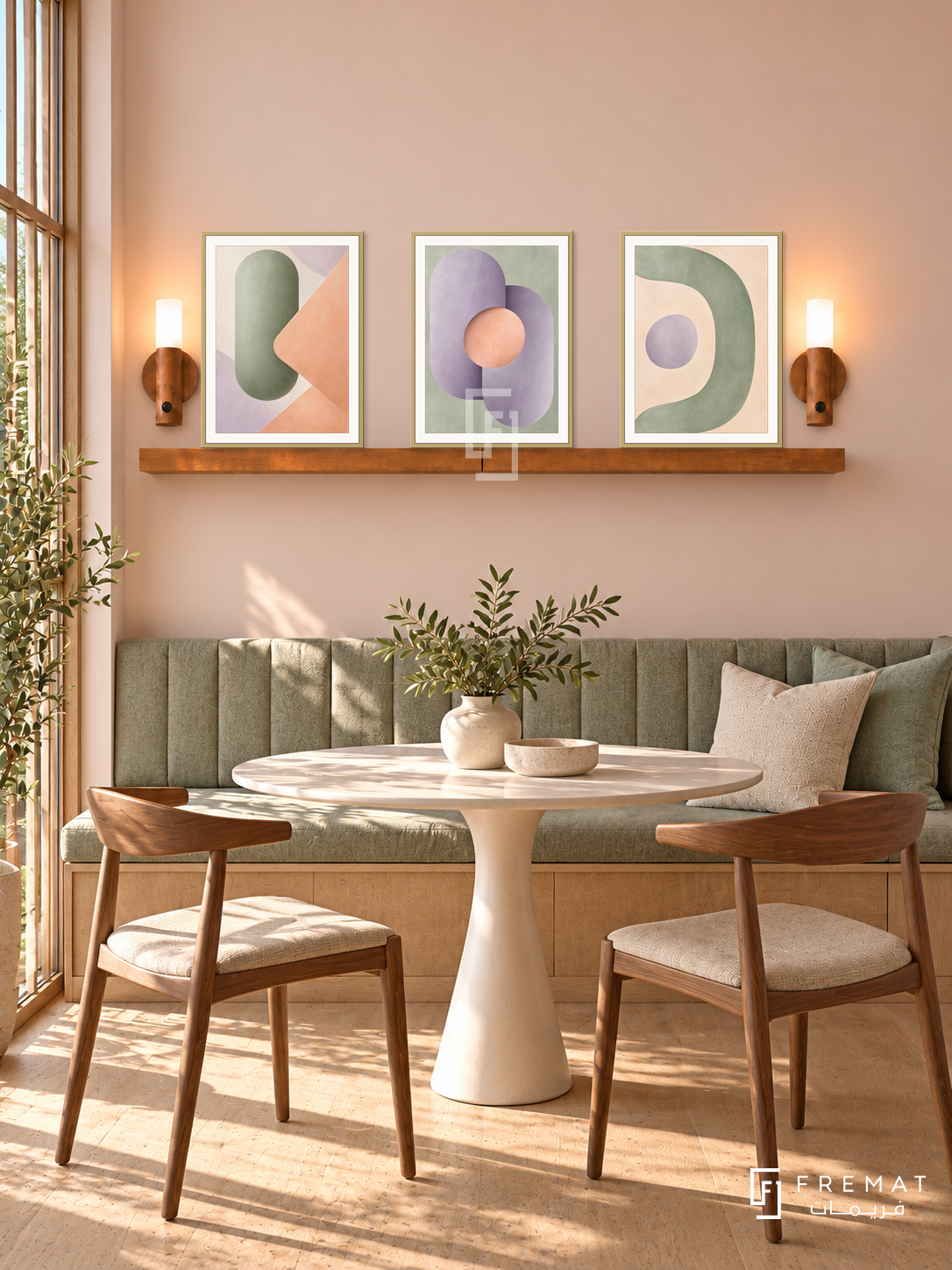 Soft Machines shelf set in gold frames, three 30 x 40 cm artworks with 2 cm borders, honey wood shelf and two sensor lamps. Morning minimalist peach dining nook.