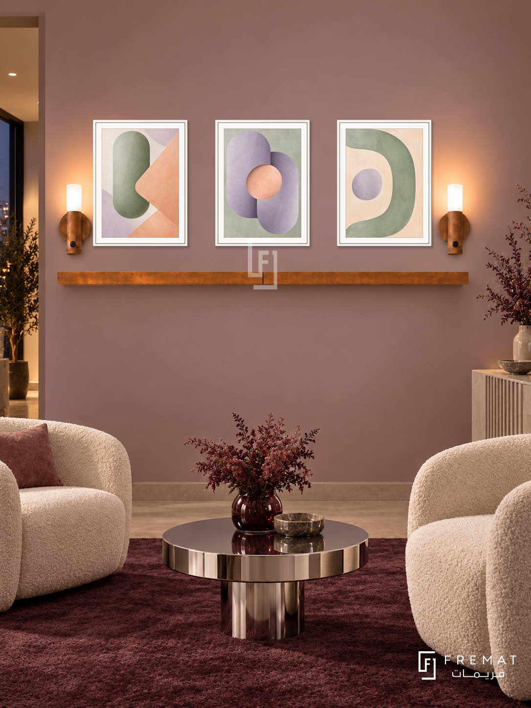 Soft Machines shelf set in white frames, three 30 x 40 cm artworks with 2 cm borders, honey wood shelf and two sensor lamps. Night modern blush reception.