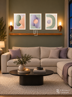 Soft Machines shelf set in wooden texture frames, three 30 x 40 cm artworks with 2 cm borders, honey wood shelf and two sensor lamps. Night soft modern lounge.