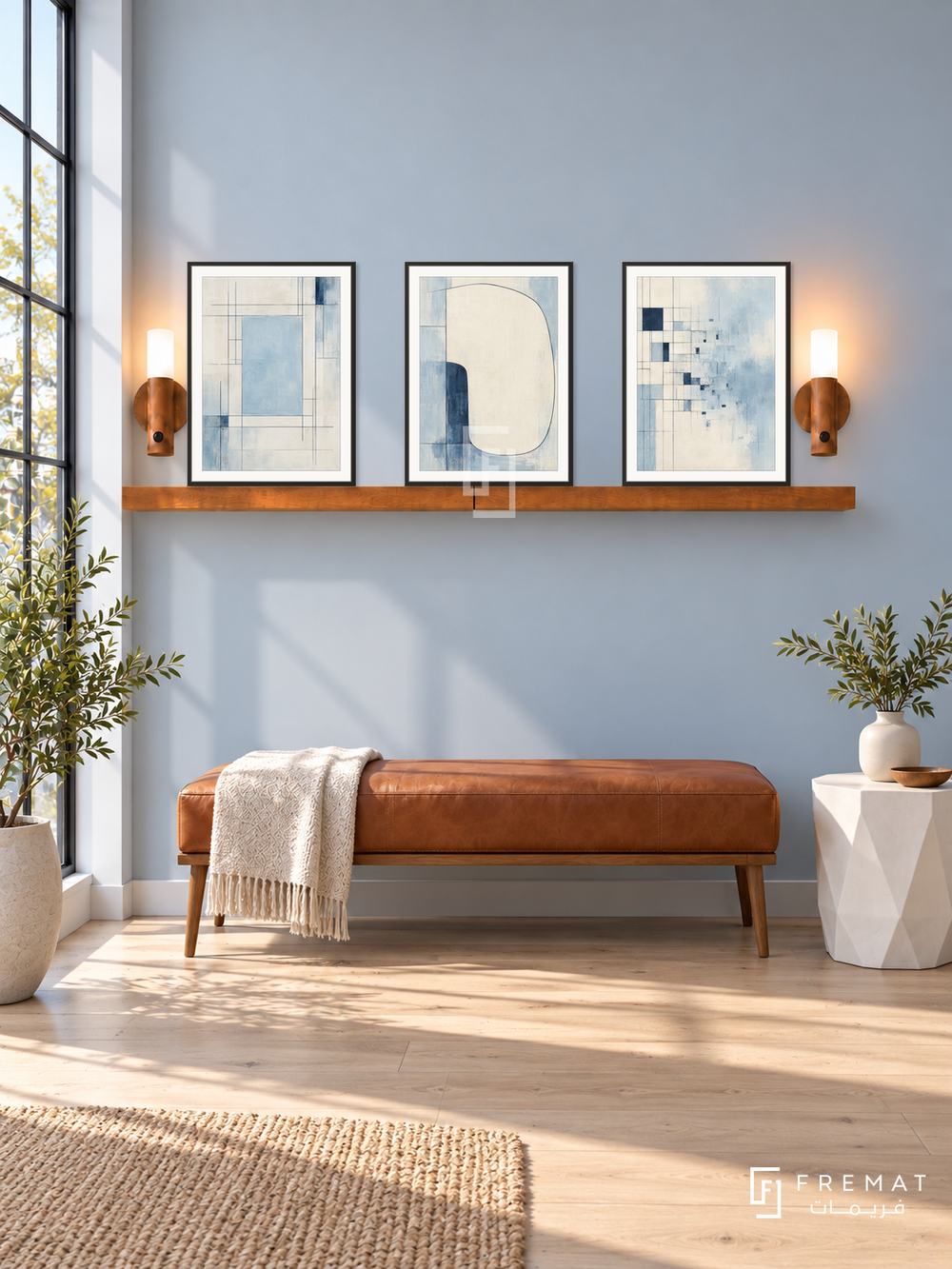 Blueprint of Silence shelf set in black frames, three 30 x 40 cm artworks with 2 cm borders, honey wood shelf and two sensor lamps. Morning Scandinavian study corner.