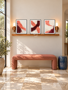 FREMAT SH-ABS17-BLK shelf set with three 30 x 40 cm framed artworks, 2 cm white borders, honey wood shelf and two upward sensor lamps. Morning daylight interior.