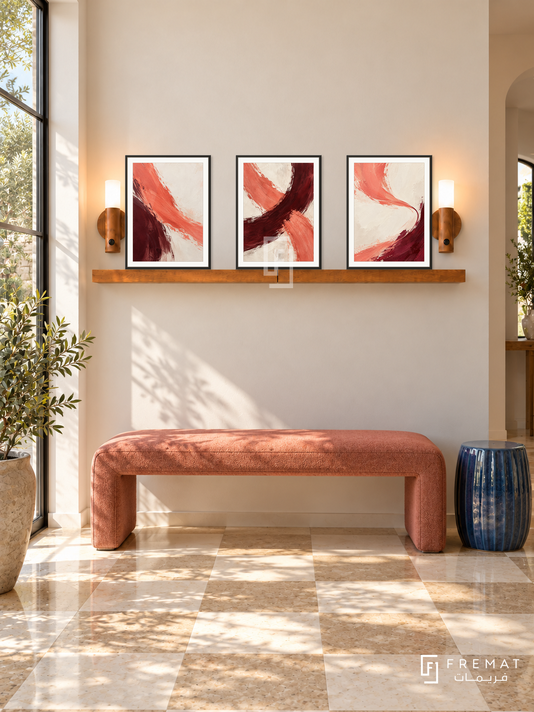 FREMAT SH-ABS17-BLK shelf set with three 30 x 40 cm framed artworks, 2 cm white borders, honey wood shelf and two upward sensor lamps. Morning daylight interior.
