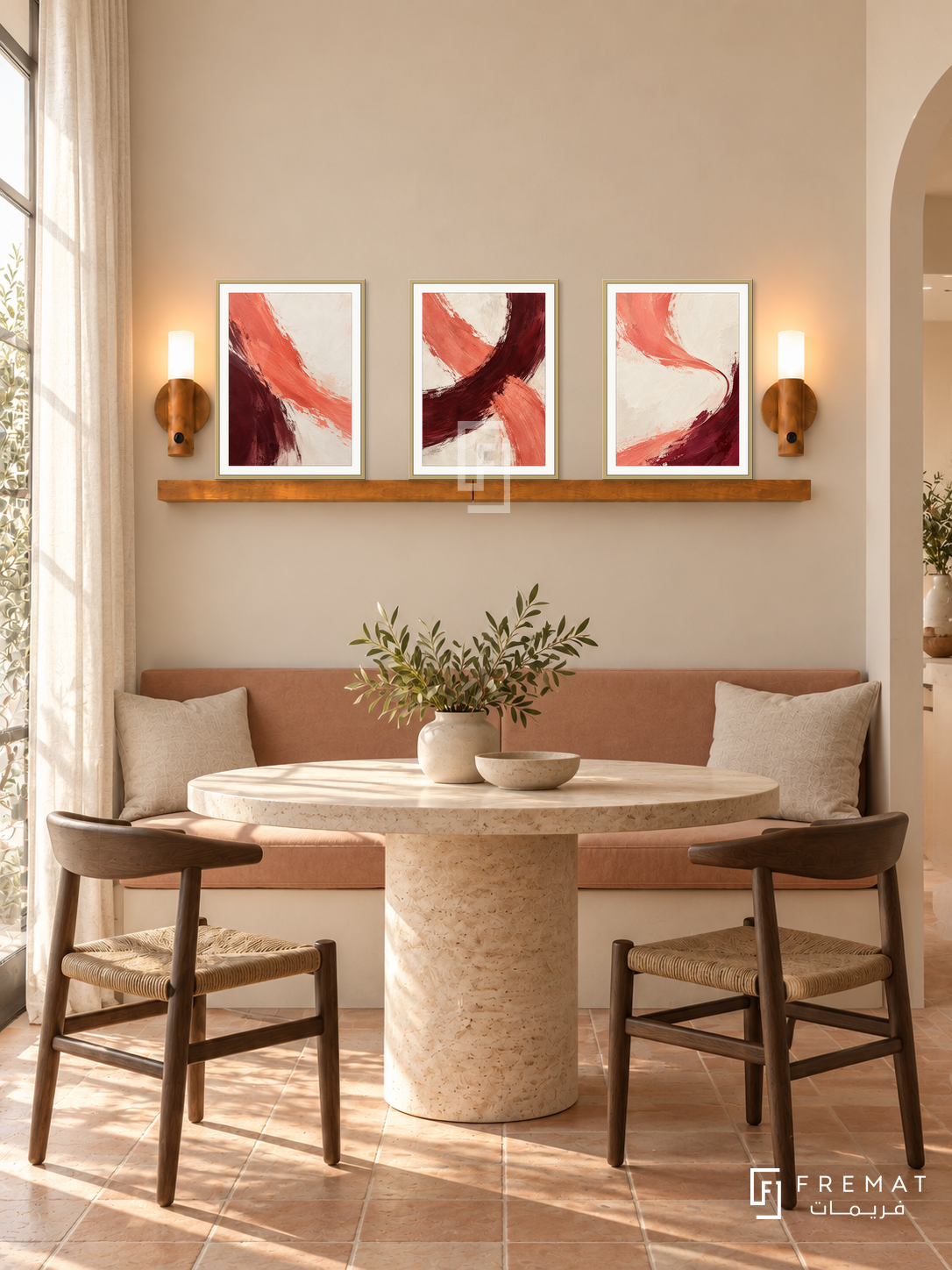 FREMAT SH-ABS17-GLD shelf set with three 30 x 40 cm framed artworks, 2 cm white borders, honey wood shelf and two upward sensor lamps. Morning daylight interior.