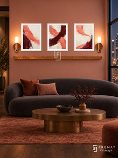 FREMAT SH-ABS17-WHT shelf set with three 30 x 40 cm framed artworks, 2 cm white borders, honey wood shelf and two upward sensor lamps. Night interior.