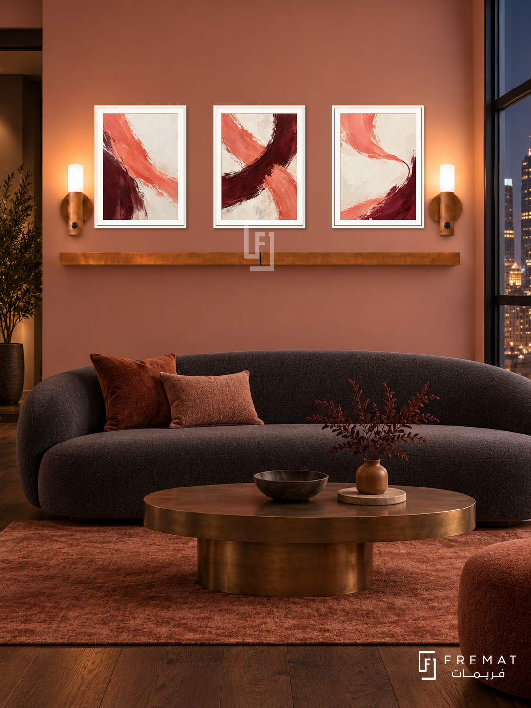 FREMAT SH-ABS17-WHT shelf set with three 30 x 40 cm framed artworks, 2 cm white borders, honey wood shelf and two upward sensor lamps. Night interior.