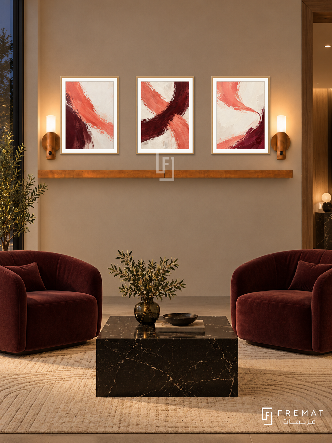 FREMAT SH-ABS17-WOD shelf set with three 30 x 40 cm framed artworks, 2 cm white borders, honey wood shelf and two upward sensor lamps. Night interior.