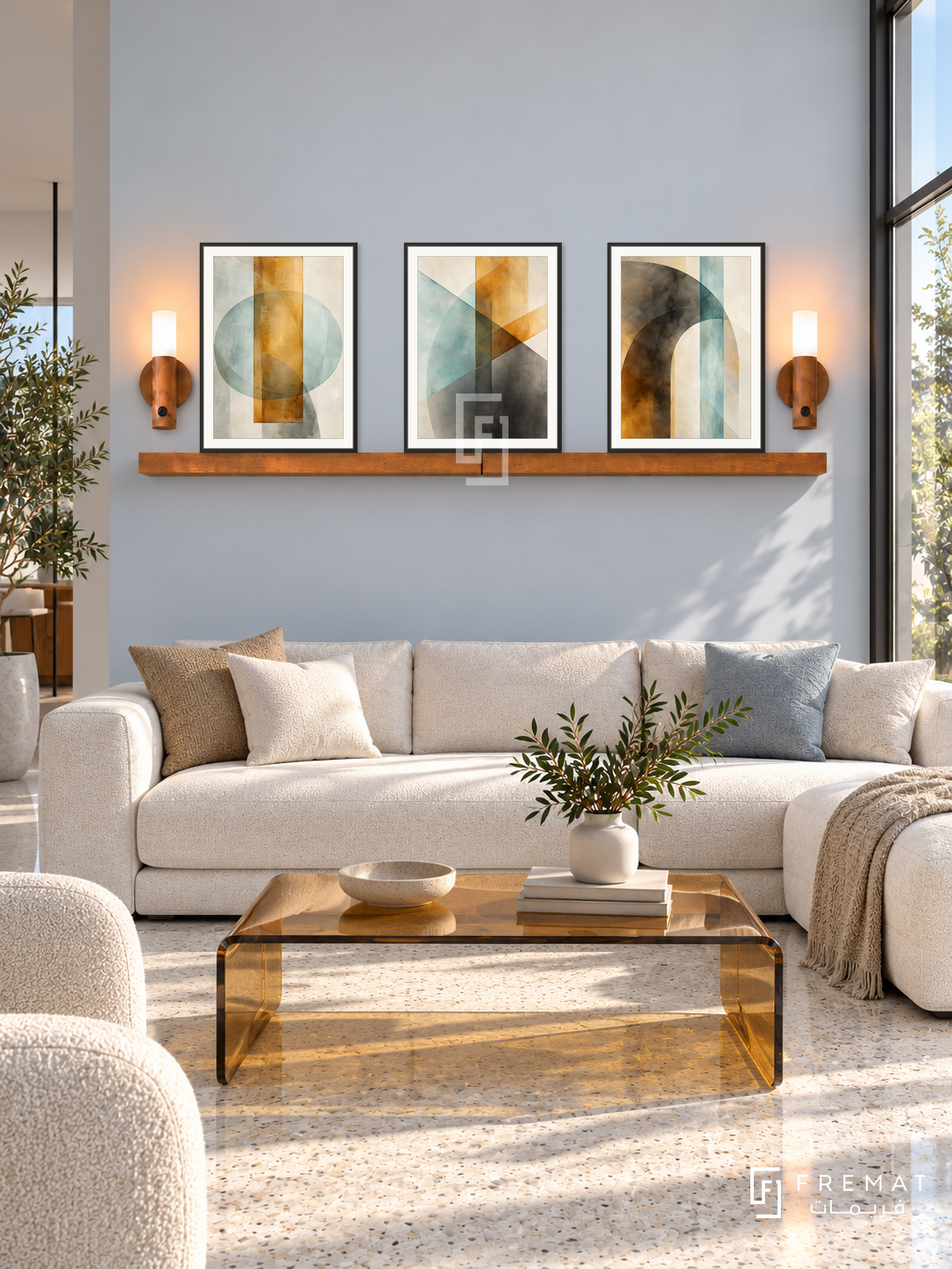 FREMAT SH-ABS18-BLK shelf set with three 30 x 40 cm framed artworks, 2 cm white borders, honey wood shelf and two upward sensor lamps. Morning daylight interior.