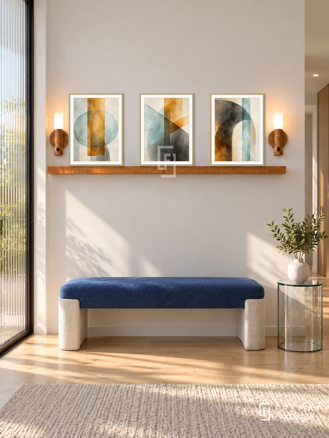 FREMAT SH-ABS18-GLD shelf set with three 30 x 40 cm framed artworks, 2 cm white borders, honey wood shelf and two upward sensor lamps. Morning daylight interior.