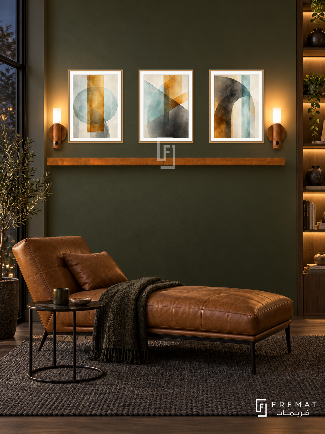 FREMAT SH-ABS18-WOD shelf set with three 30 x 40 cm framed artworks, 2 cm white borders, honey wood shelf and two upward sensor lamps. Night interior.