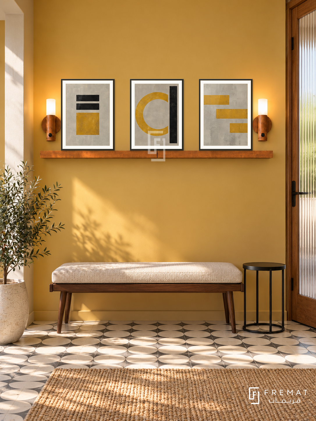 FREMAT SH-ABS19-BLK shelf set with three 30 x 40 cm framed artworks, 2 cm white borders, honey wood shelf and two upward sensor lamps. Morning daylight interior.