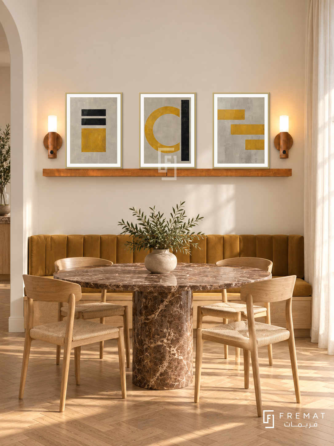 FREMAT SH-ABS19-GLD shelf set with three 30 x 40 cm framed artworks, 2 cm white borders, honey wood shelf and two upward sensor lamps. Morning daylight interior.