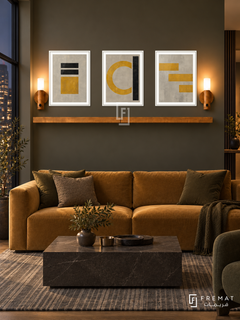 FREMAT SH-ABS19-WHT shelf set with three 30 x 40 cm framed artworks, 2 cm white borders, honey wood shelf and two upward sensor lamps. Night interior.