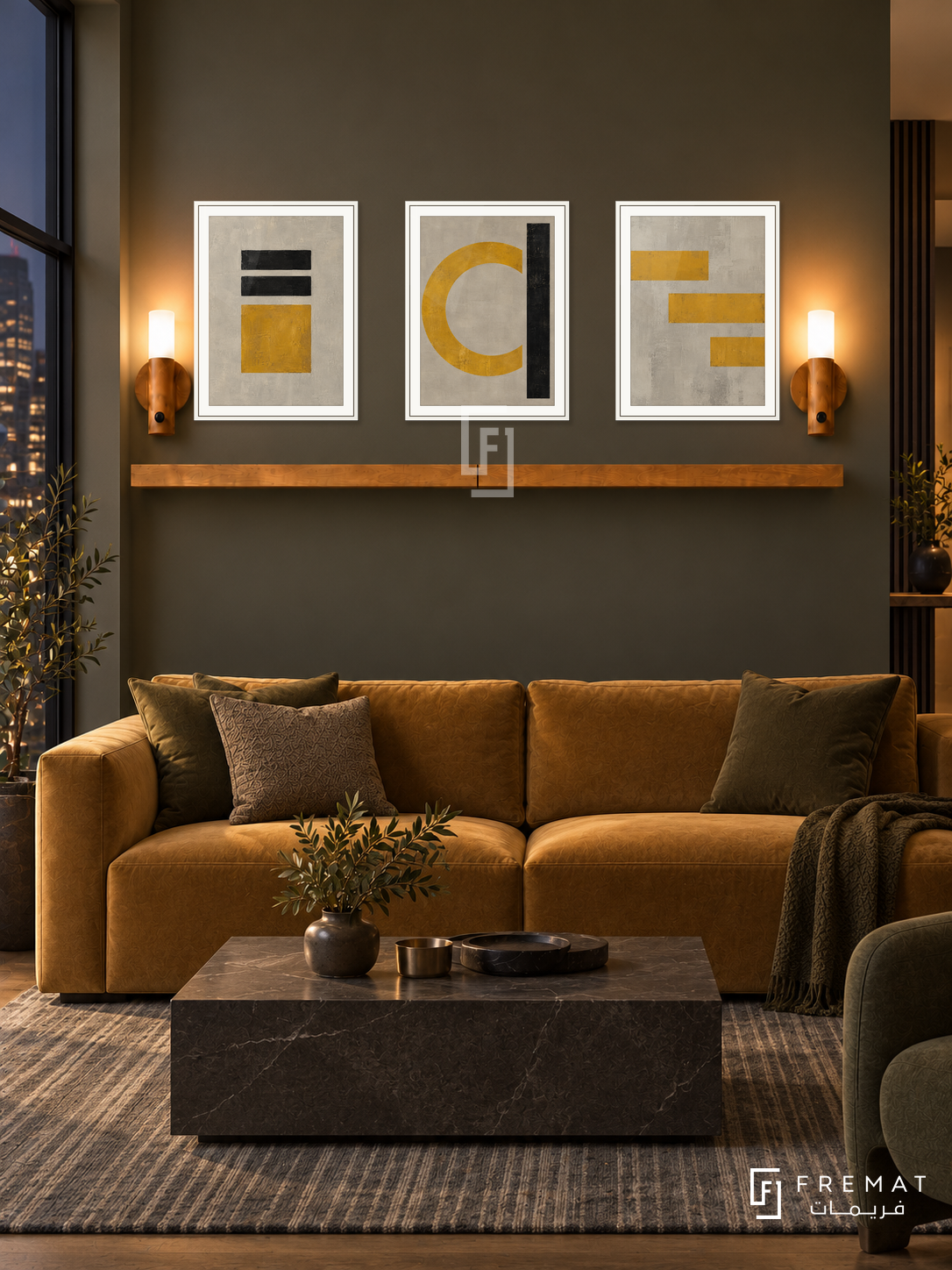 FREMAT SH-ABS19-WHT shelf set with three 30 x 40 cm framed artworks, 2 cm white borders, honey wood shelf and two upward sensor lamps. Night interior.