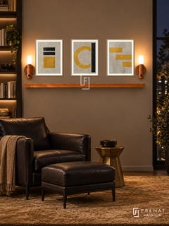 FREMAT SH-ABS19-WOD shelf set with three 30 x 40 cm framed artworks, 2 cm white borders, honey wood shelf and two upward sensor lamps. Night interior.