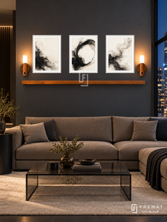 FREMAT SH-ABS20-WHT shelf set with three 30 x 40 cm framed artworks, 2 cm white borders, honey wood shelf and two upward sensor lamps. Night interior.