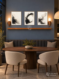 FREMAT SH-ABS20-WOD shelf set with three 30 x 40 cm framed artworks, 2 cm white borders, honey wood shelf and two upward sensor lamps. Night interior.