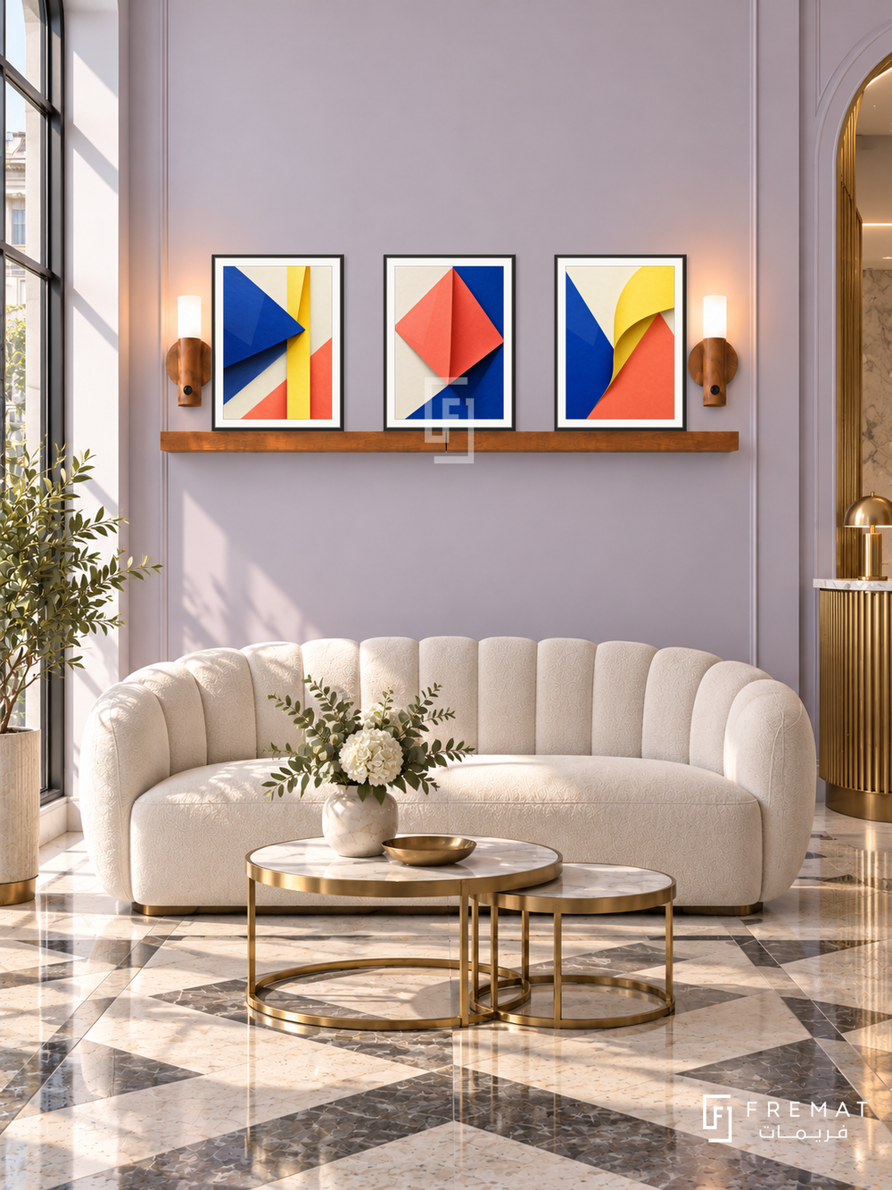 FREMAT SH-ABS21-BLK shelf set, three 30 x 40 cm artworks with 2 cm white mats, honey wood shelf and two upward sensor lamps. Morning Art Deco reception, pale lavender wall, cream scalloped sofa, brass nesting tables, geometric marble floor, tall window left.