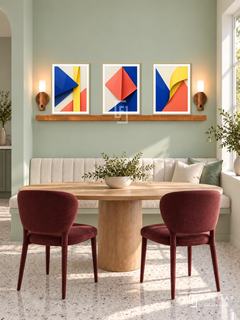 FREMAT SH-ABS21-GLD shelf set, three 30 x 40 cm artworks with 2 cm white mats, honey wood shelf and two upward sensor lamps. Morning mint green breakfast nook, mint wall, ivory banquette, oval oak table, burgundy chairs, pale terrazzo floor, window right.