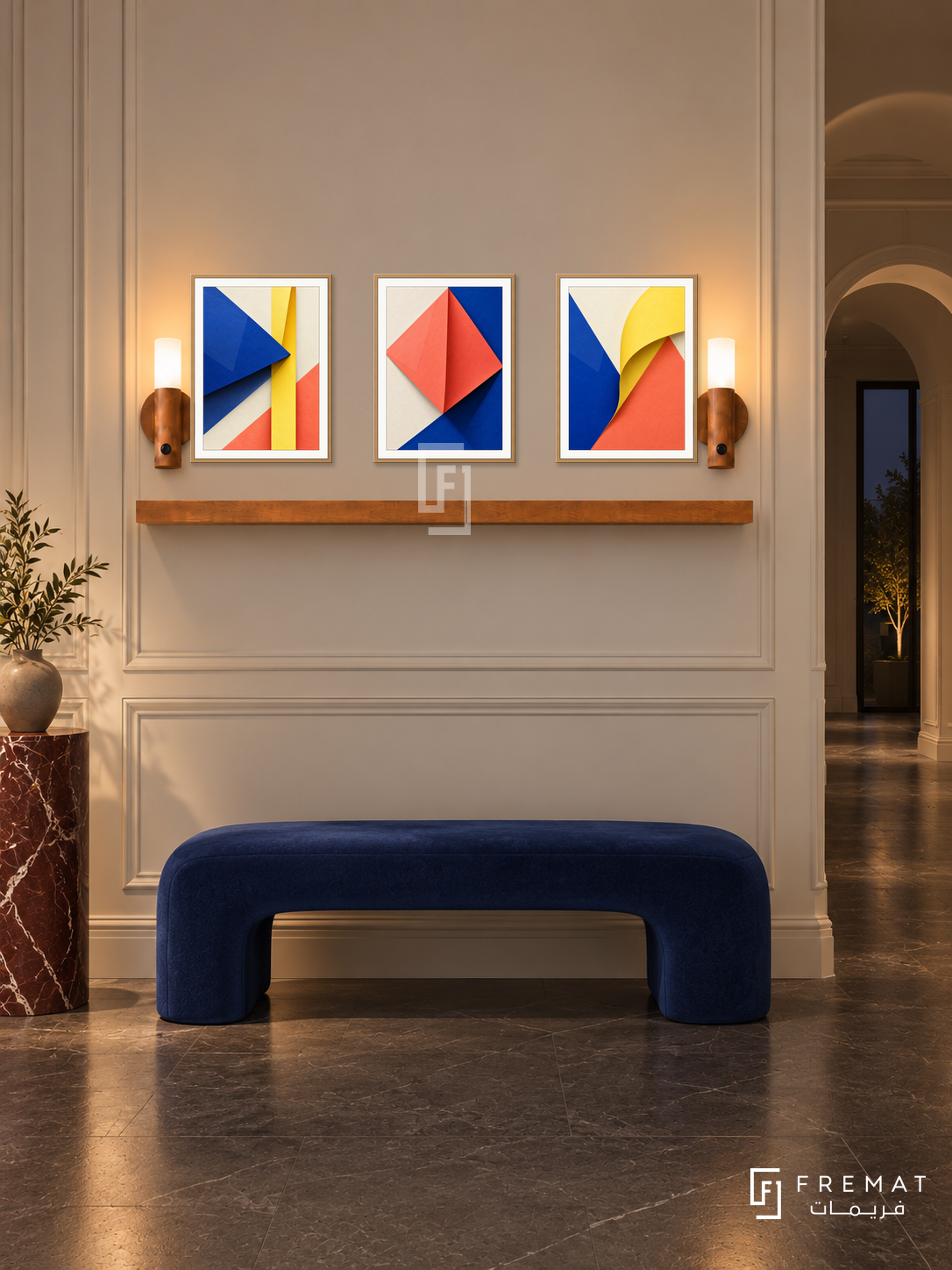 FREMAT SH-ABS21-WOD shelf set, three 30 x 40 cm artworks with 2 cm white mats, honey wood shelf and two upward sensor lamps. Night sophisticated cream corridor, ivory panel wall, cobalt sculptural bench, red marble pedestal, charcoal floor, distant arched doorway.