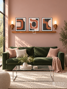 FREMAT SH-ABS22-BLK shelf set, three 30 x 40 cm artworks with 2 cm white mats, honey wood shelf and two upward sensor lamps. Morning modern dusty rose living room, blush wall, forest green sofa, chrome glass coffee table, ivory rug, wide garden window.