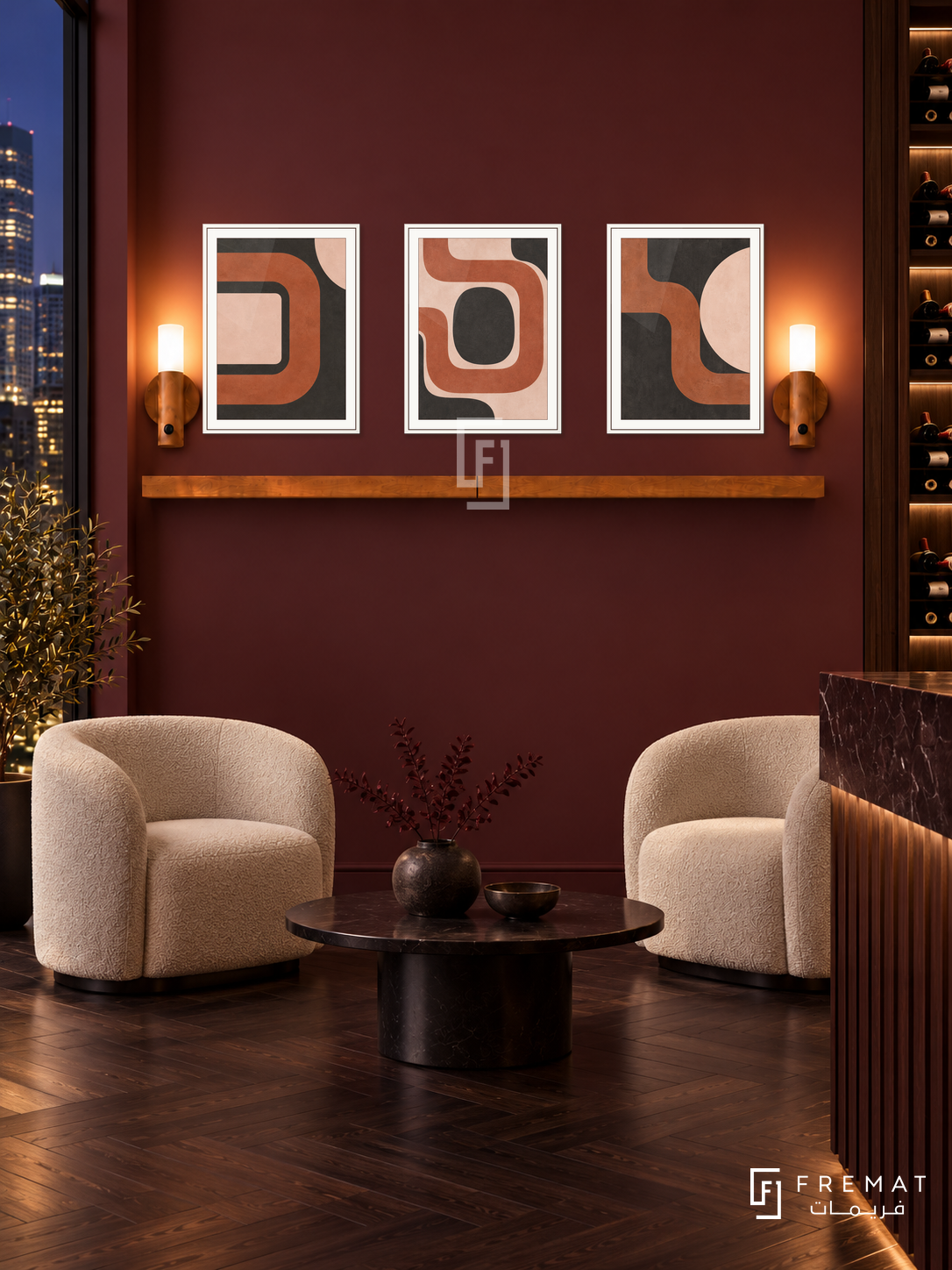 FREMAT SH-ABS22-WHT shelf set, three 30 x 40 cm artworks with 2 cm white mats, honey wood shelf and two upward sensor lamps. Night minimalist burgundy reception, wine wall, cream boucle armchairs, black round table, dark herringbone floor, city window left.
