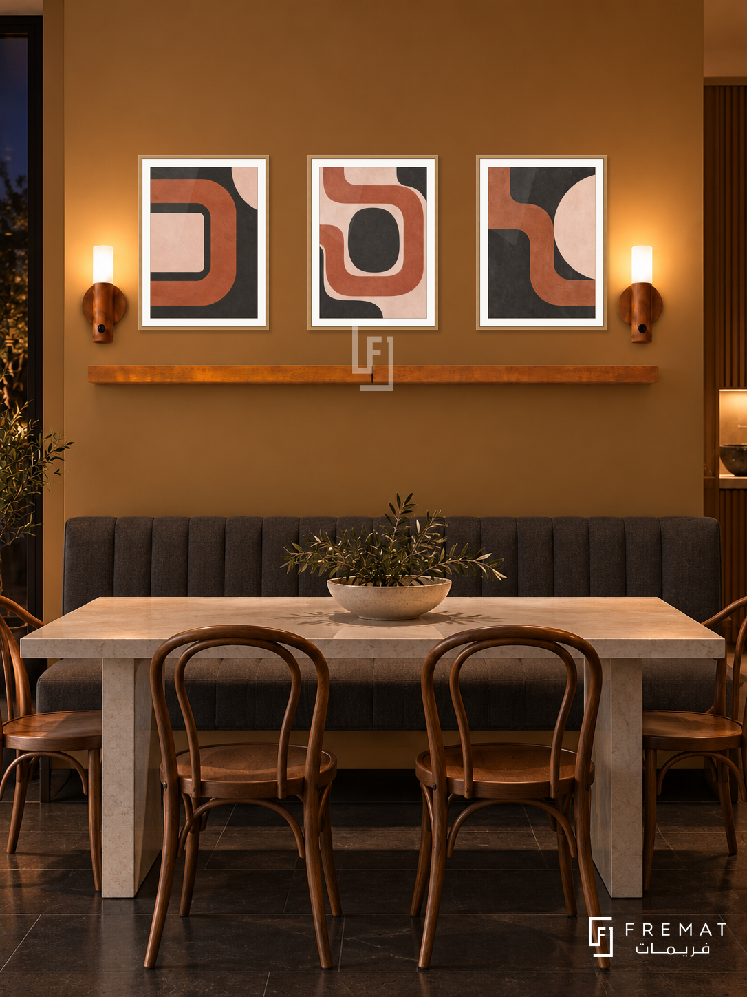 FREMAT SH-ABS22-WOD shelf set, three 30 x 40 cm artworks with 2 cm white mats, honey wood shelf and two upward sensor lamps. Night contemporary ochre dining room, ochre wall, dark grey banquette, white stone rectangular table, bentwood chairs, black tiled floor.