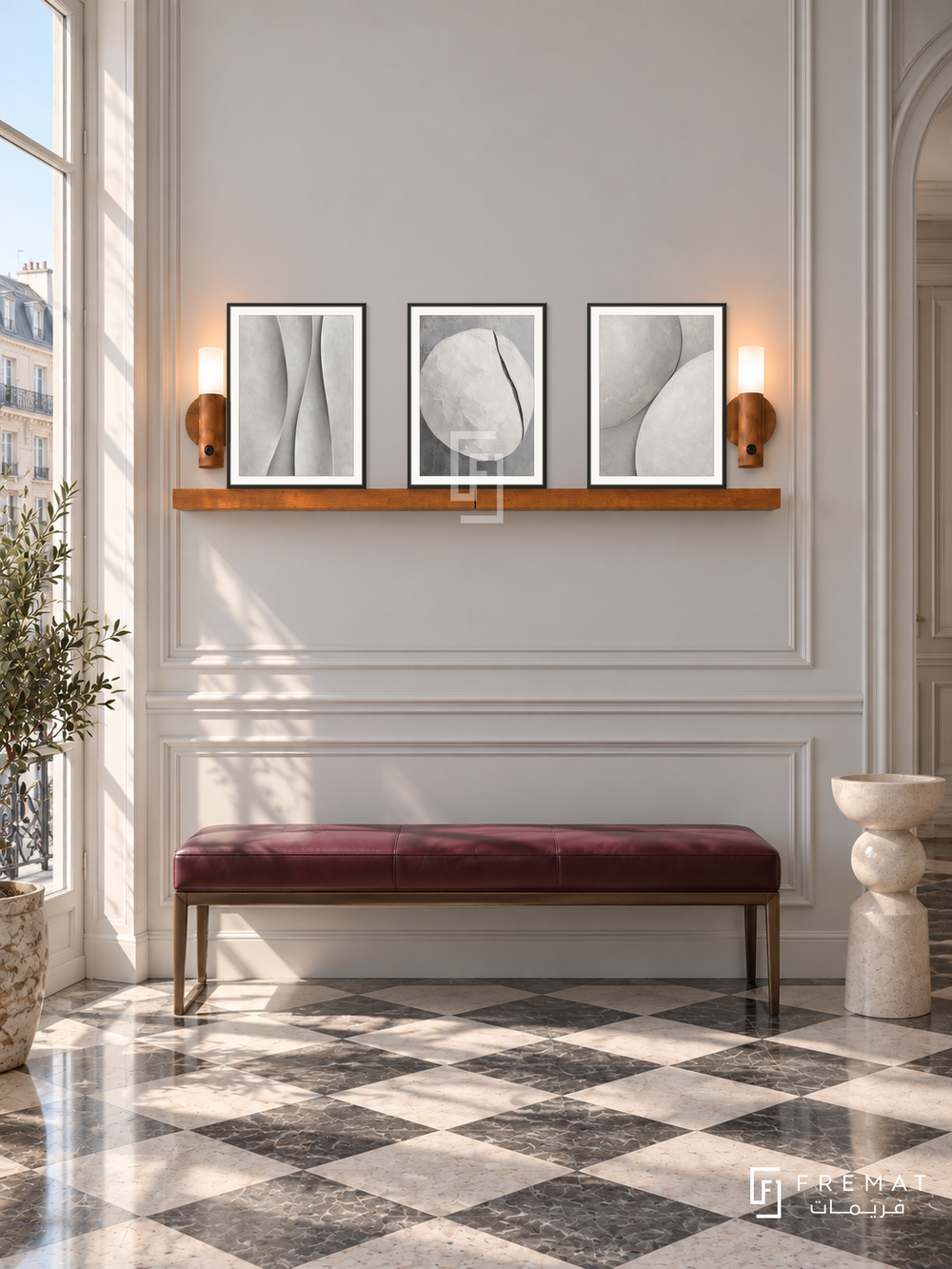 FREMAT SH-ABS23-BLK shelf set, three 30 x 40 cm artworks with 2 cm white mats, honey wood shelf and two upward sensor lamps. Morning Parisian modern corridor, light grey panelled wall, burgundy leather bench, cream sculptural pedestal, checker stone floor, large window left.