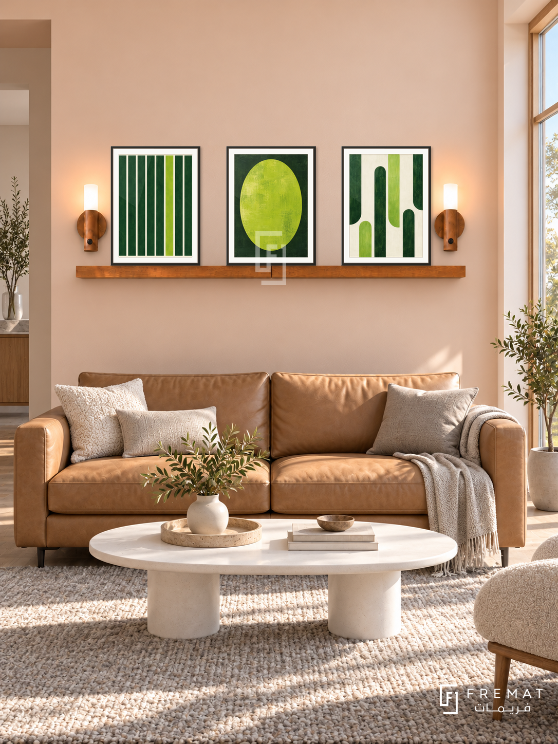 FREMAT SH-ABS24-BLK shelf set, three 30 x 40 cm artworks with 2 cm white mats, honey wood shelf and two upward sensor lamps. Morning Scandinavian peach lounge, pale peach wall, tan leather sofa, white oval table, wool grey rug, wide window right.