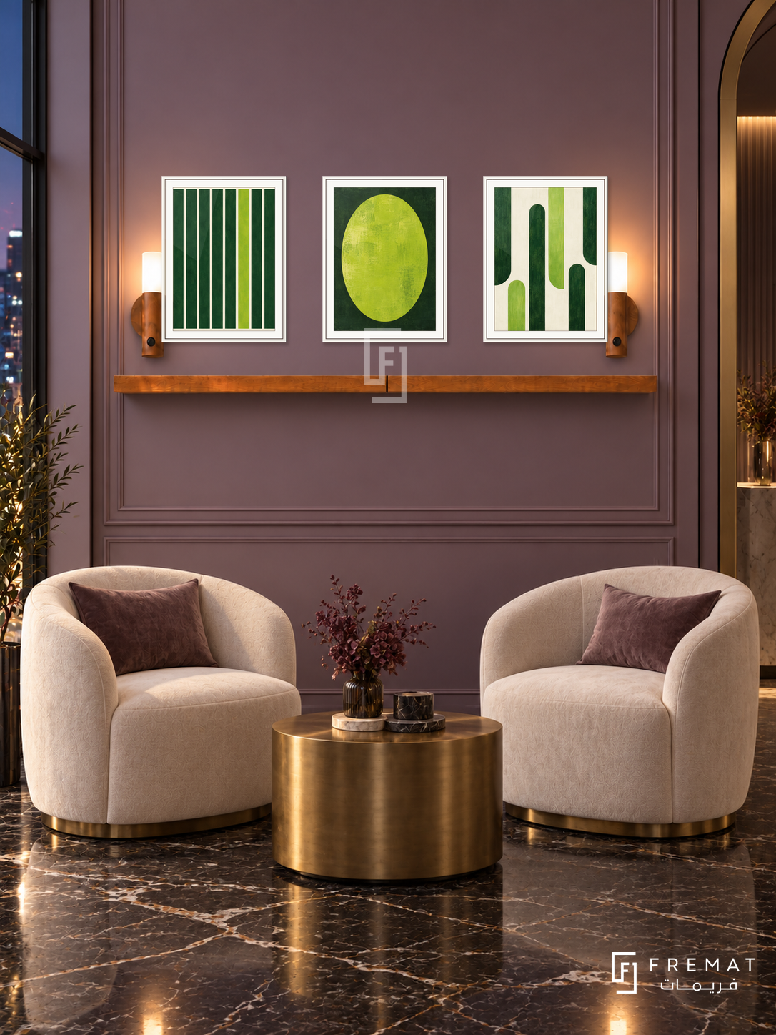 FREMAT SH-ABS24-WHT shelf set, three 30 x 40 cm artworks with 2 cm white mats, honey wood shelf and two upward sensor lamps. Night Art Deco mauve reception, muted violet wall, curved cream velvet chairs, brass drum table, black marble floor, narrow window left.