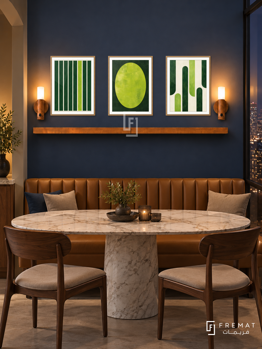FREMAT SH-ABS24-WOD shelf set, three 30 x 40 cm artworks with 2 cm white mats, honey wood shelf and two upward sensor lamps. Night modern navy dining nook, dark blue wall, caramel banquette, white marble oval table, walnut chairs, smoked glass window right.