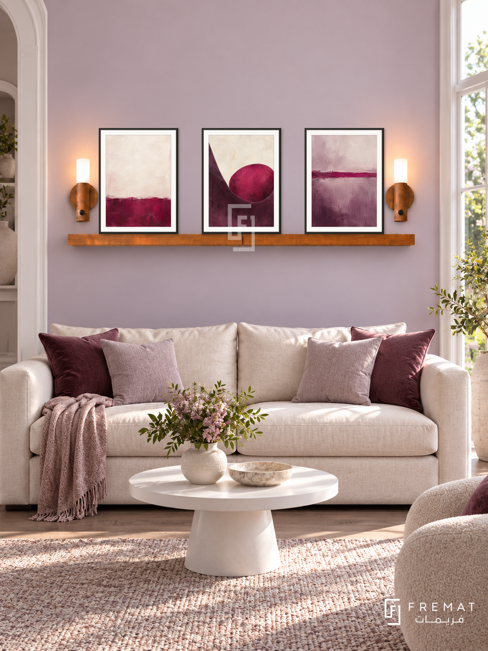 FREMAT SH-ABS25-BLK shelf set, three 30 x 40 cm artworks with 2 cm white mats, honey wood shelf and two upward sensor lamps. Morning elegant pale mauve living room, light lilac wall, cream linen sofa with berry pillows, white pedestal coffee table, smoked oak floor, garden window right.