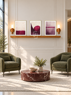FREMAT SH-ABS25-GLD shelf set, three 30 x 40 cm artworks with 2 cm white mats, honey wood shelf and two upward sensor lamps. Morning neutral contemporary reception, ivory panelled wall, two moss green armchairs, burgundy marble low table, cream rug, tall glazing left.