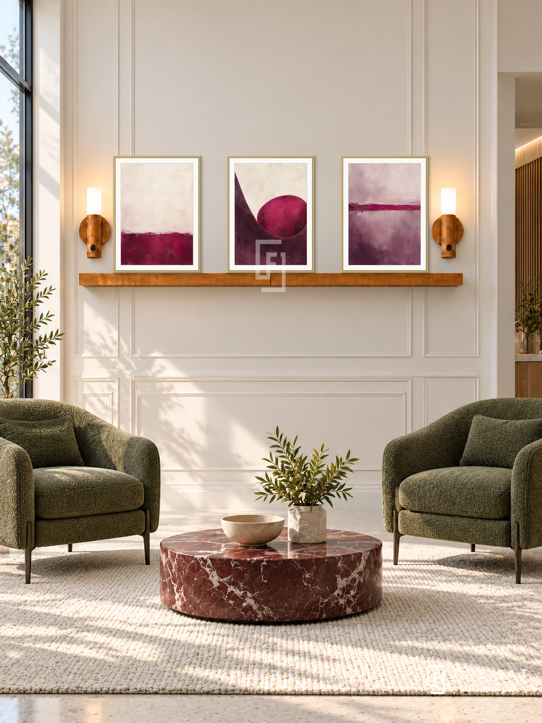 FREMAT SH-ABS25-GLD shelf set, three 30 x 40 cm artworks with 2 cm white mats, honey wood shelf and two upward sensor lamps. Morning neutral contemporary reception, ivory panelled wall, two moss green armchairs, burgundy marble low table, cream rug, tall glazing left.