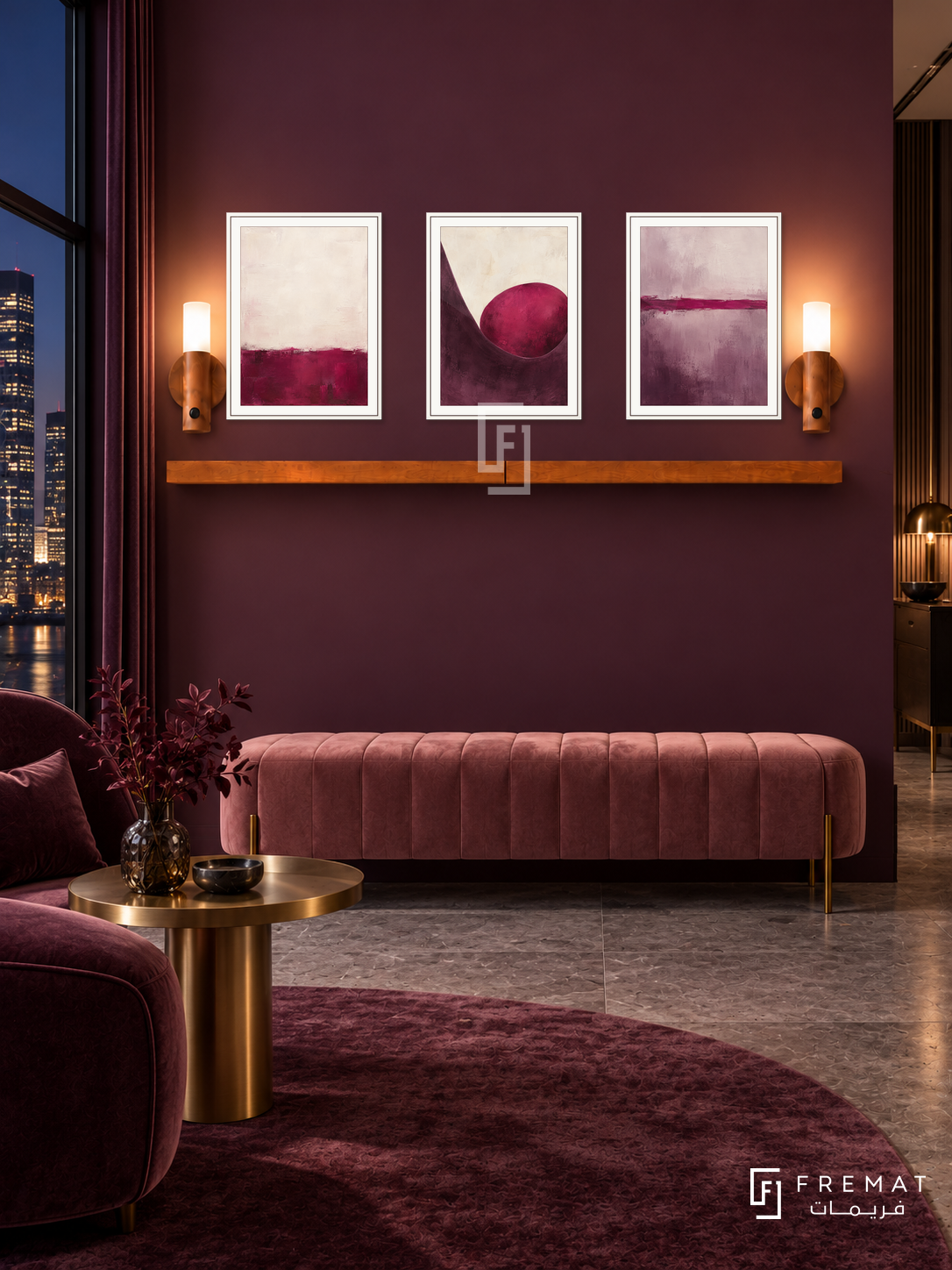 FREMAT SH-ABS25-WHT shelf set, three 30 x 40 cm artworks with 2 cm white mats, honey wood shelf and two upward sensor lamps. Night dramatic plum lounge, aubergine wall, dusty rose velvet bench, brass oval side table, grey stone floor, skyline window left.
