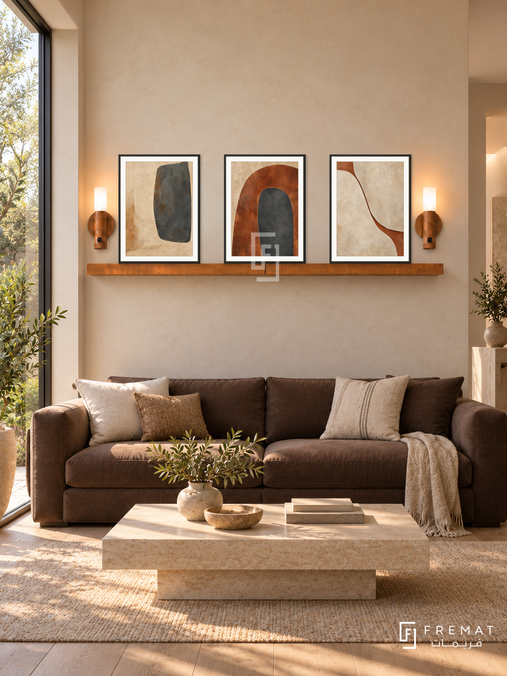 FREMAT SH-ABS27-BLK shelf set, three 30 x 40 cm artworks with 2 cm white mats, honey wood shelf and two upward sensor lamps. Morning warm limestone reception, sand plaster wall, low chocolate sofa, cream stone coffee table, light oak floor, enormous garden window left.