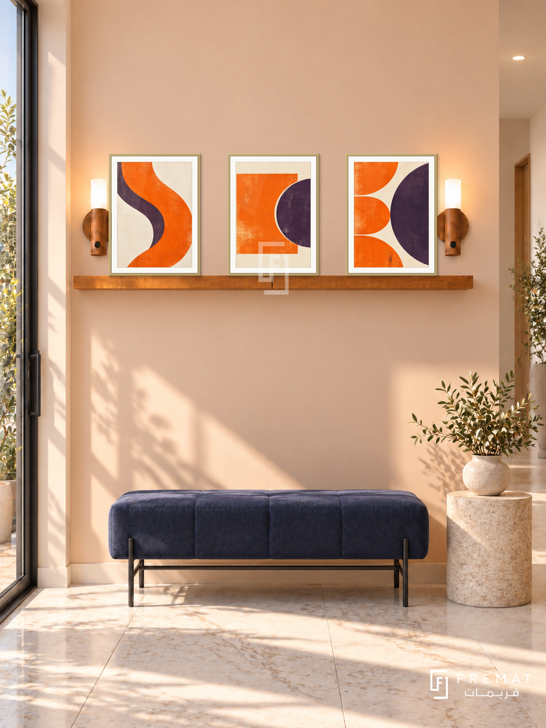 FREMAT SH-ABS28-GLD shelf set, three 30 x 40 cm artworks with 2 cm white mats, honey wood shelf and two upward sensor lamps. Morning peach contemporary corridor, pale apricot wall, navy upholstered bench, beige circular pedestal, white stone tiles, glass door left.