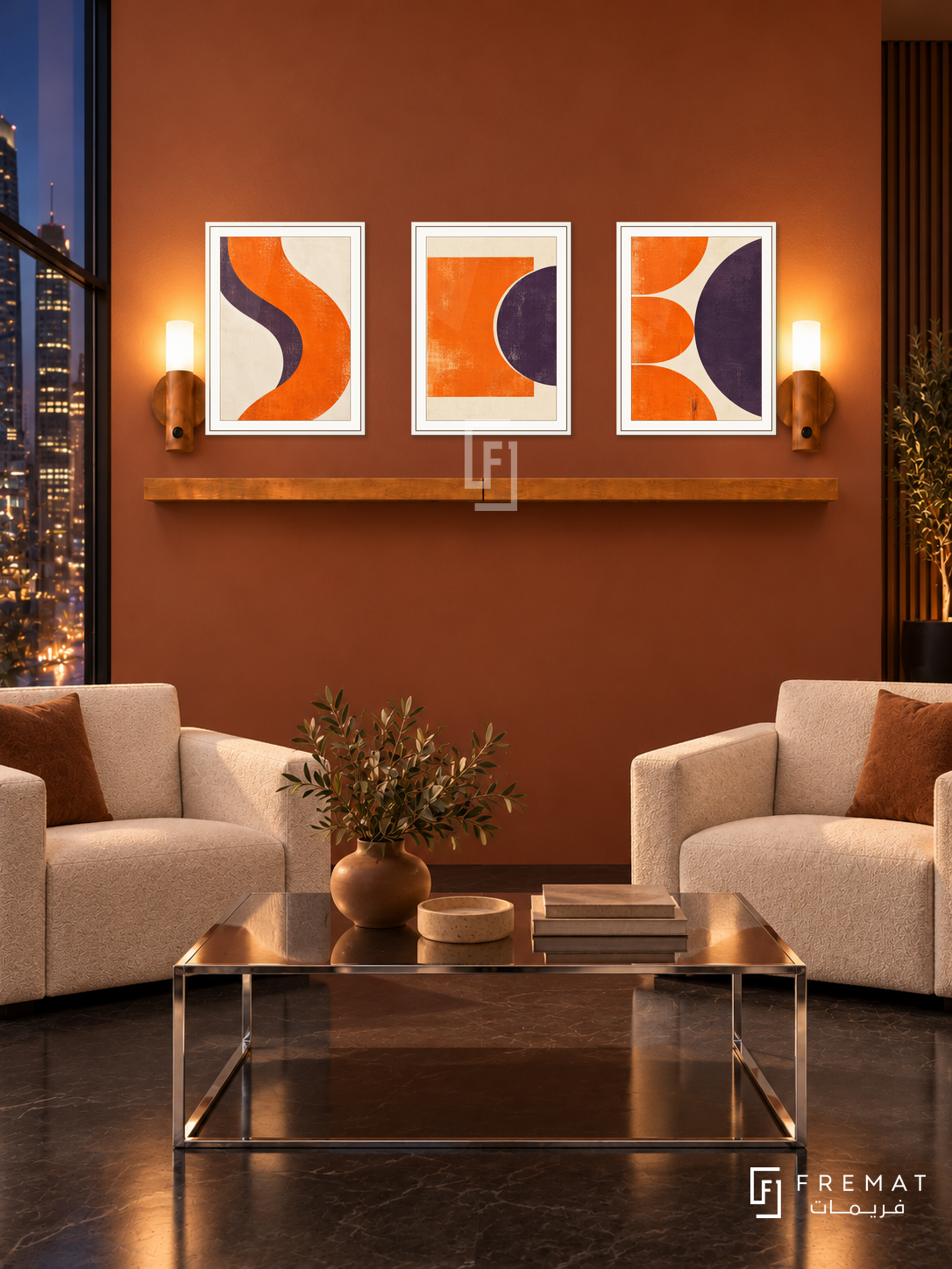 FREMAT SH-ABS28-WHT shelf set, three 30 x 40 cm artworks with 2 cm white mats, honey wood shelf and two upward sensor lamps. Night terracotta contemporary reception, rust wall, cream angular armchairs, chrome rectangular low table, black floor, city window left.