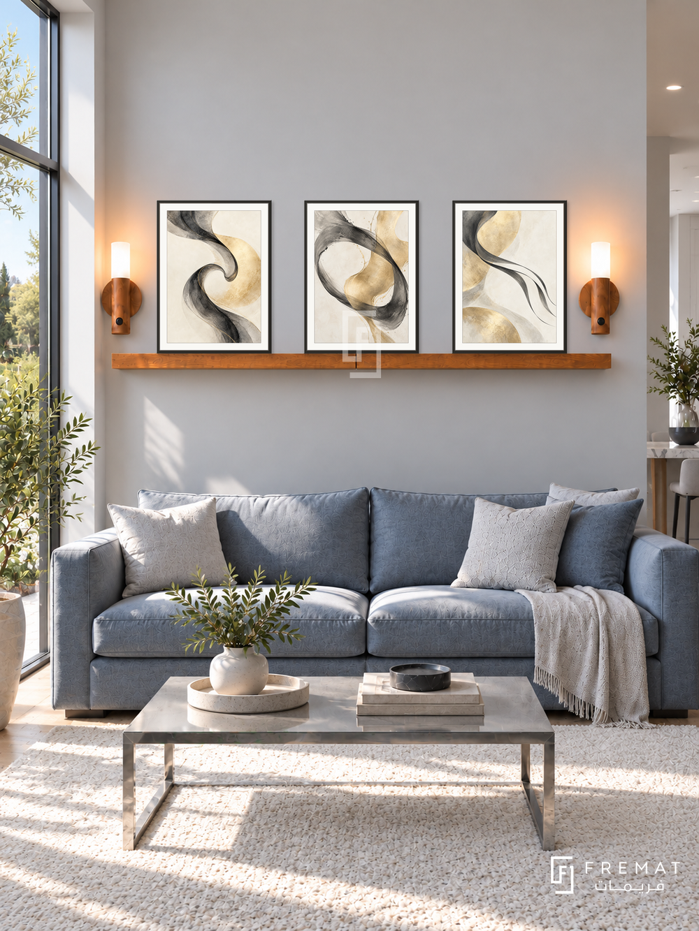 FREMAT SH-ABS29-BLK shelf set, three 30 x 40 cm artworks with 2 cm white mats, honey wood shelf and two upward sensor lamps. Morning minimalist silver grey lounge, dove grey wall, blue-grey sofa, polished steel coffee table, white rug, generous garden window left.