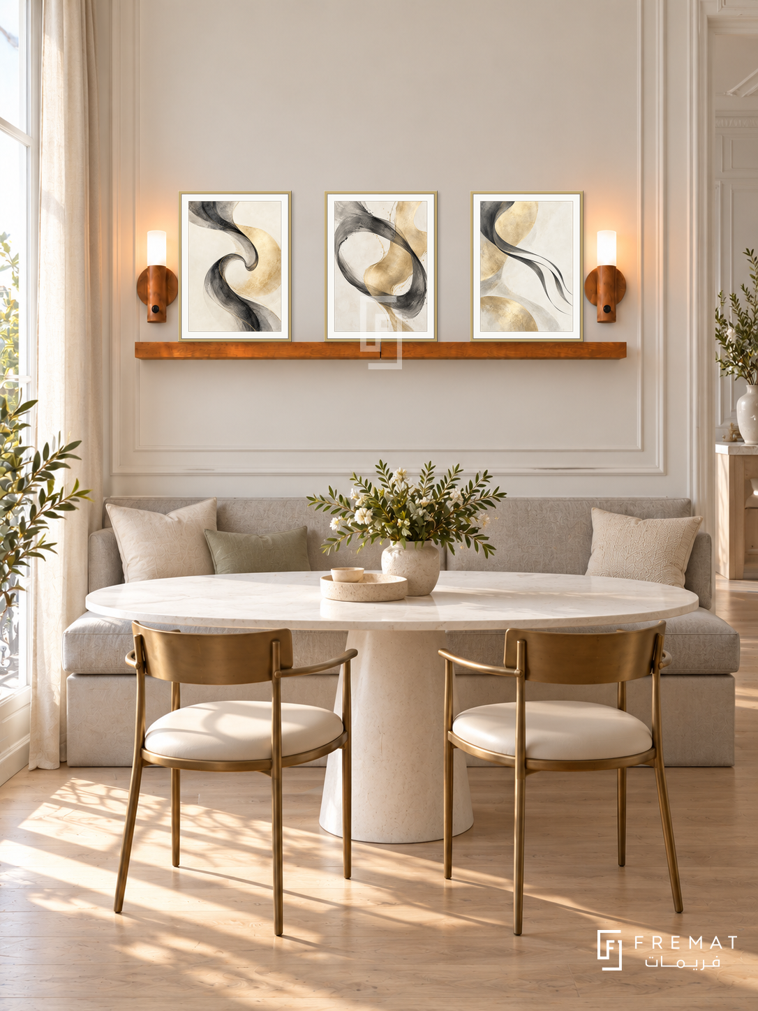 FREMAT SH-ABS29-GLD shelf set, three 30 x 40 cm artworks with 2 cm white mats, honey wood shelf and two upward sensor lamps. Morning French contemporary dining nook, ivory moulded wall, grey linen banquette, white oval table, brass chairs, pale oak floor, curtains left.
