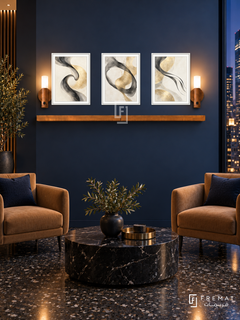 FREMAT SH-ABS29-WHT shelf set, three 30 x 40 cm artworks with 2 cm white mats, honey wood shelf and two upward sensor lamps. Night deep blue reception, navy wall, warm tan armchairs, black marble circular table, dark terrazzo floor, city window right.
