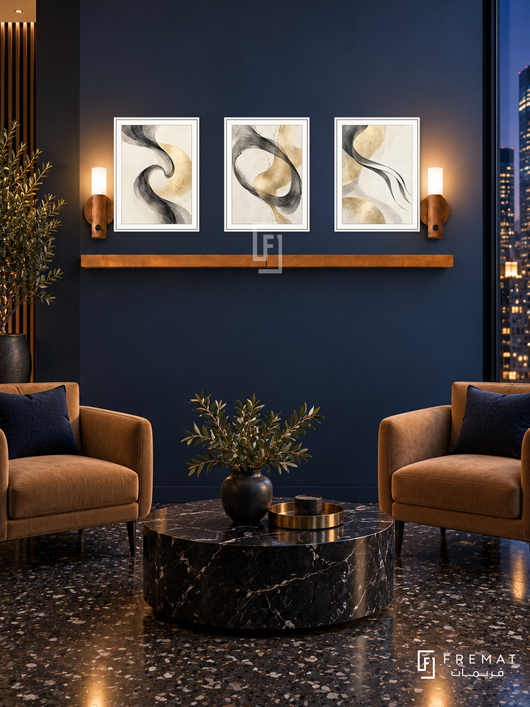 FREMAT SH-ABS29-WHT shelf set, three 30 x 40 cm artworks with 2 cm white mats, honey wood shelf and two upward sensor lamps. Night deep blue reception, navy wall, warm tan armchairs, black marble circular table, dark terrazzo floor, city window right.