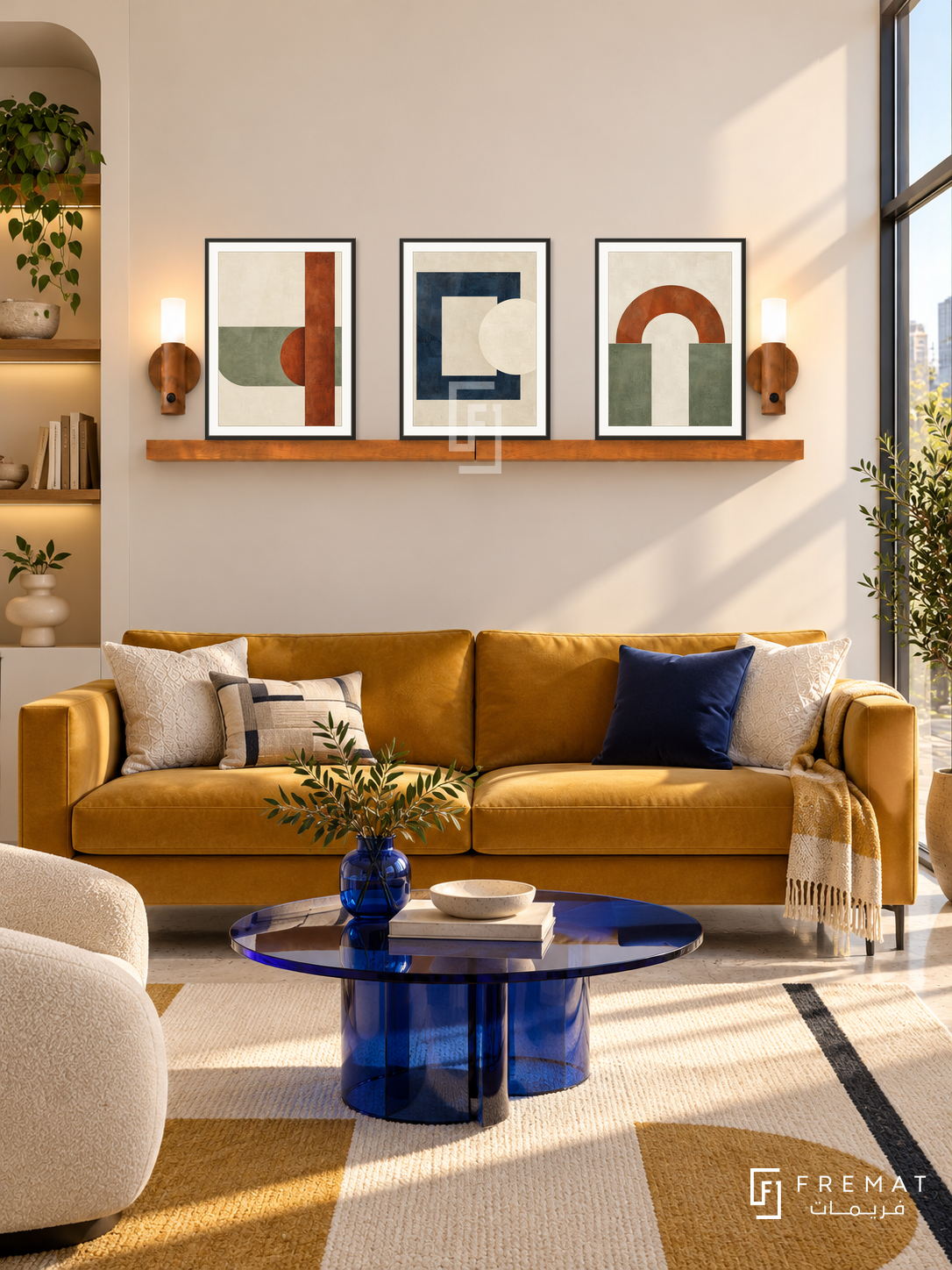 FREMAT SH-ABS30-BLK shelf set, three 30 x 40 cm artworks with 2 cm white mats, honey wood shelf and two upward sensor lamps. Morning Bauhaus modern living room, warm white wall, mustard sofa, cobalt glass table, cream geometric rug, tall window right.