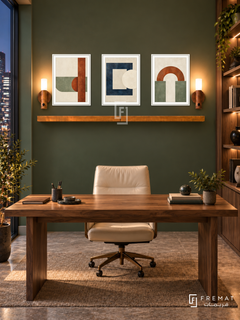 FREMAT SH-ABS30-WHT shelf set, three 30 x 40 cm artworks with 2 cm white mats, honey wood shelf and two upward sensor lamps. Night refined green study, forest wall, walnut desk, cream leather chair, stone floor, side bookcase, city window left.