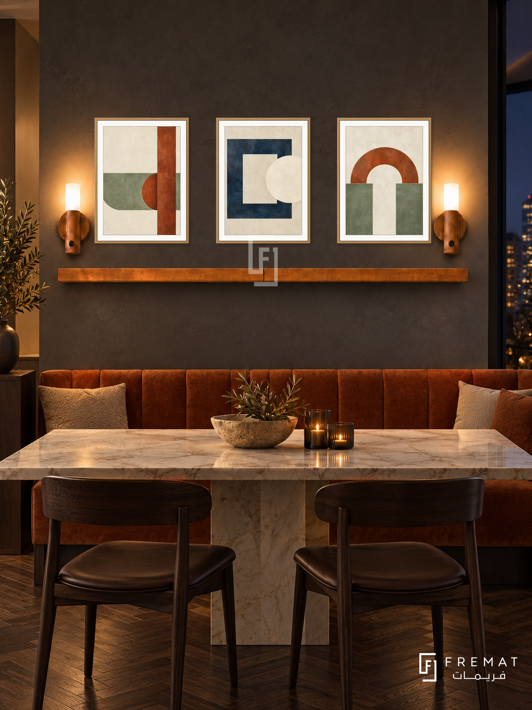 FREMAT SH-ABS30-WOD shelf set, three 30 x 40 cm artworks with 2 cm white mats, honey wood shelf and two upward sensor lamps. Night elegant modern dining corner, slate wall, warm rust banquette, cream marble rectangular table, dark wooden chairs, dark parquet, night window right.