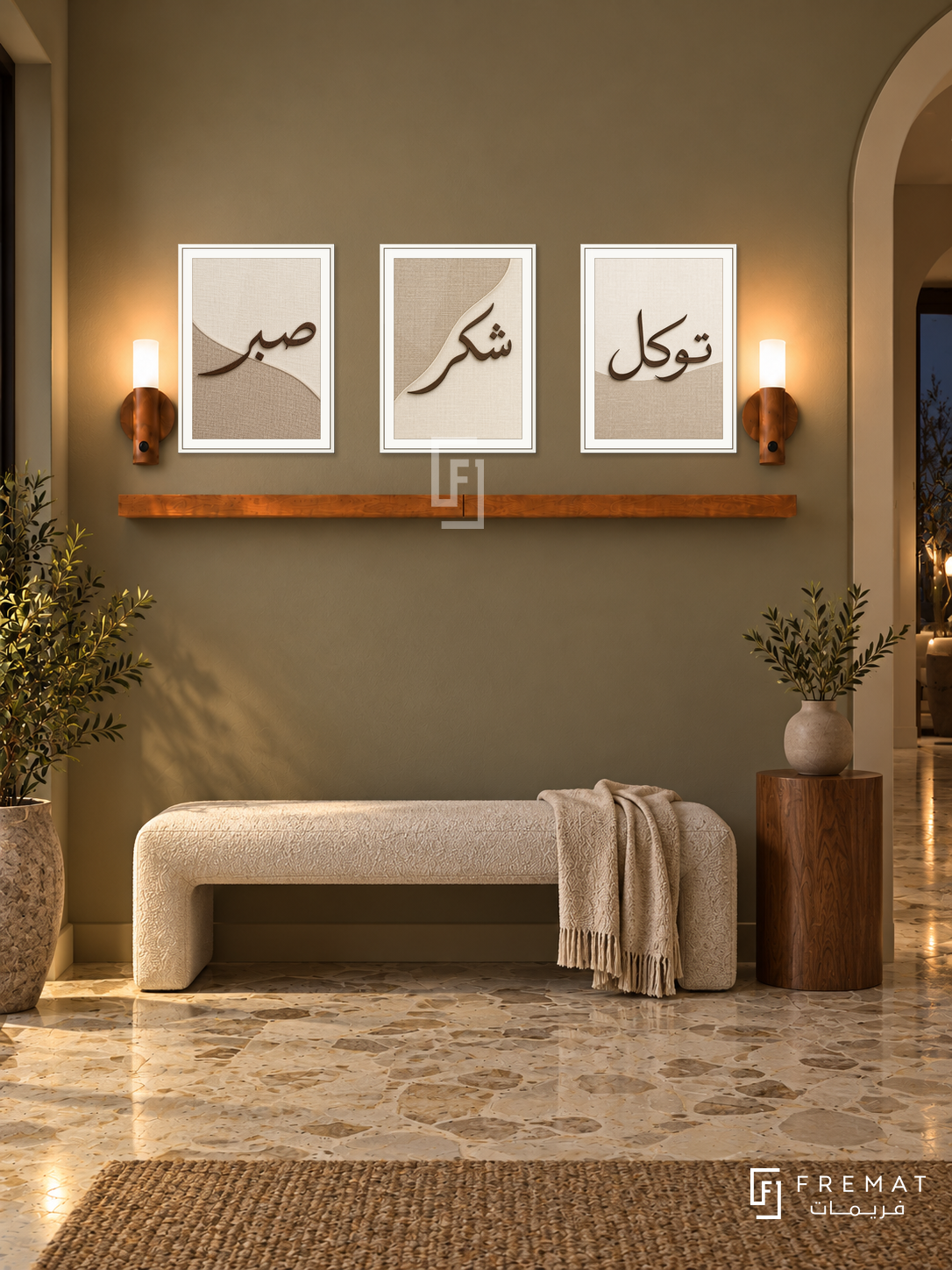 FREMAT Linen Devotion shelf set with three 30 x 40 cm frames, 2 cm white borders, honey wood shelf and two warm sensor lamps. Night refined olive corridor, soft olive wall, ivory upholstered bench, walnut pedestal, patterned cream stone floor, arched doorway right.